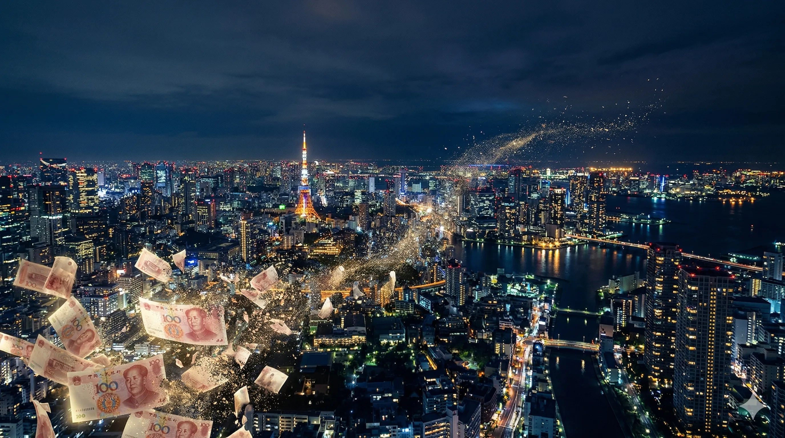 Tokyo skyline at night with fading silhouettes of Chinese yuan banknotes overlaid