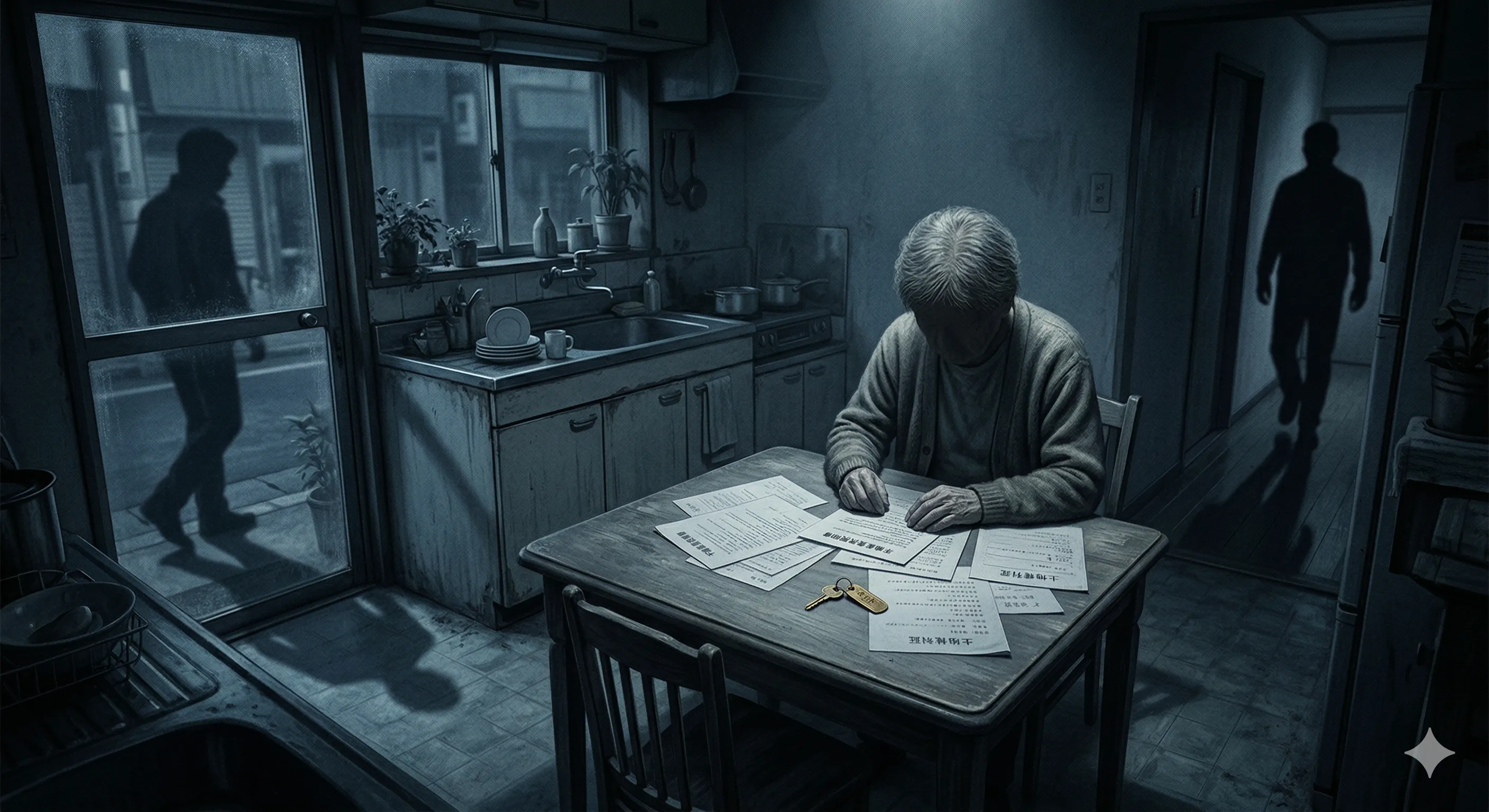 Younger hands protectively wrapping around elderly hands, with shadows of a house and legal documents in the background