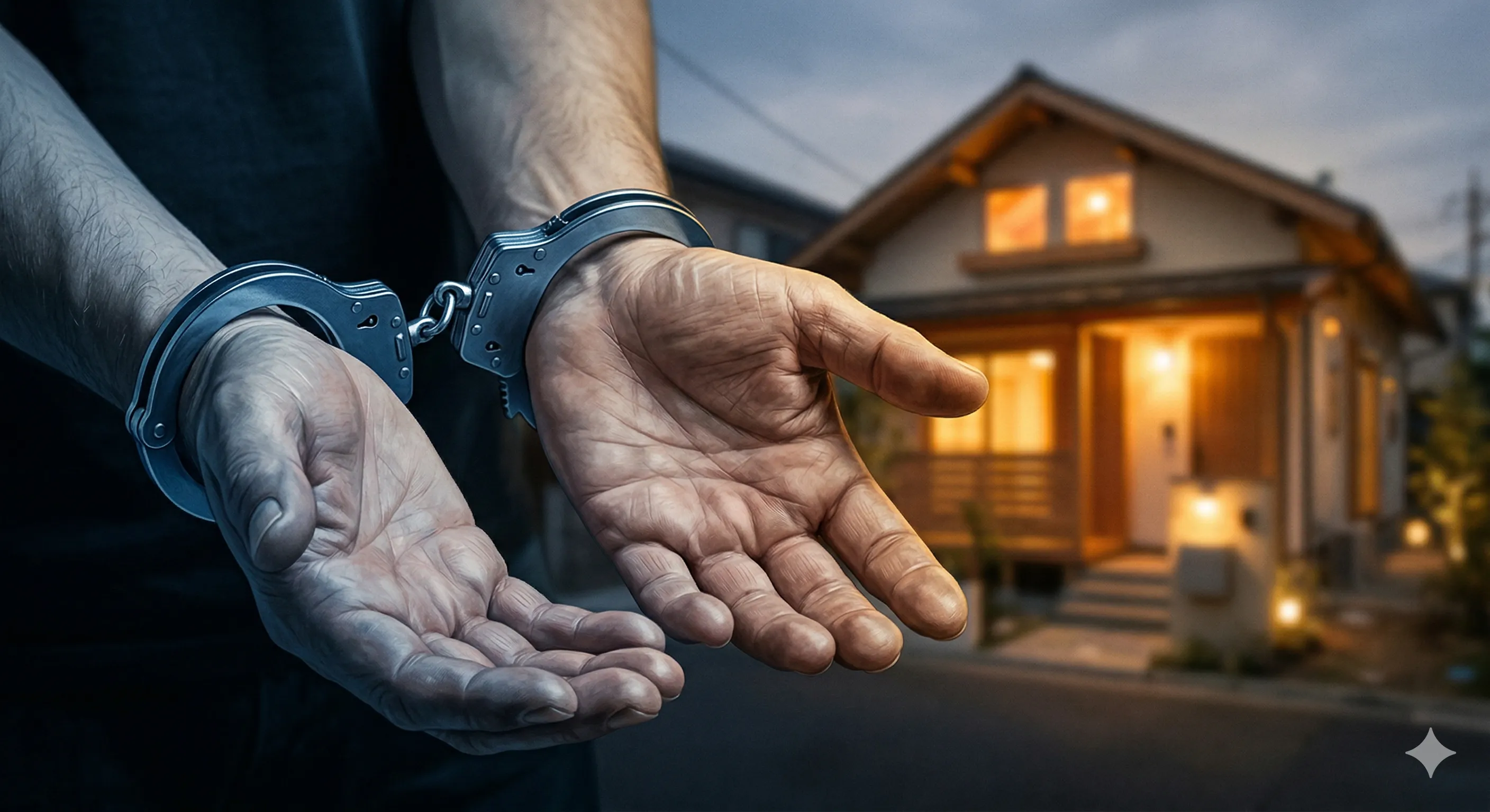 Outstretched helping hands with handcuffs hovering above, a renovated house with warm lights in the background