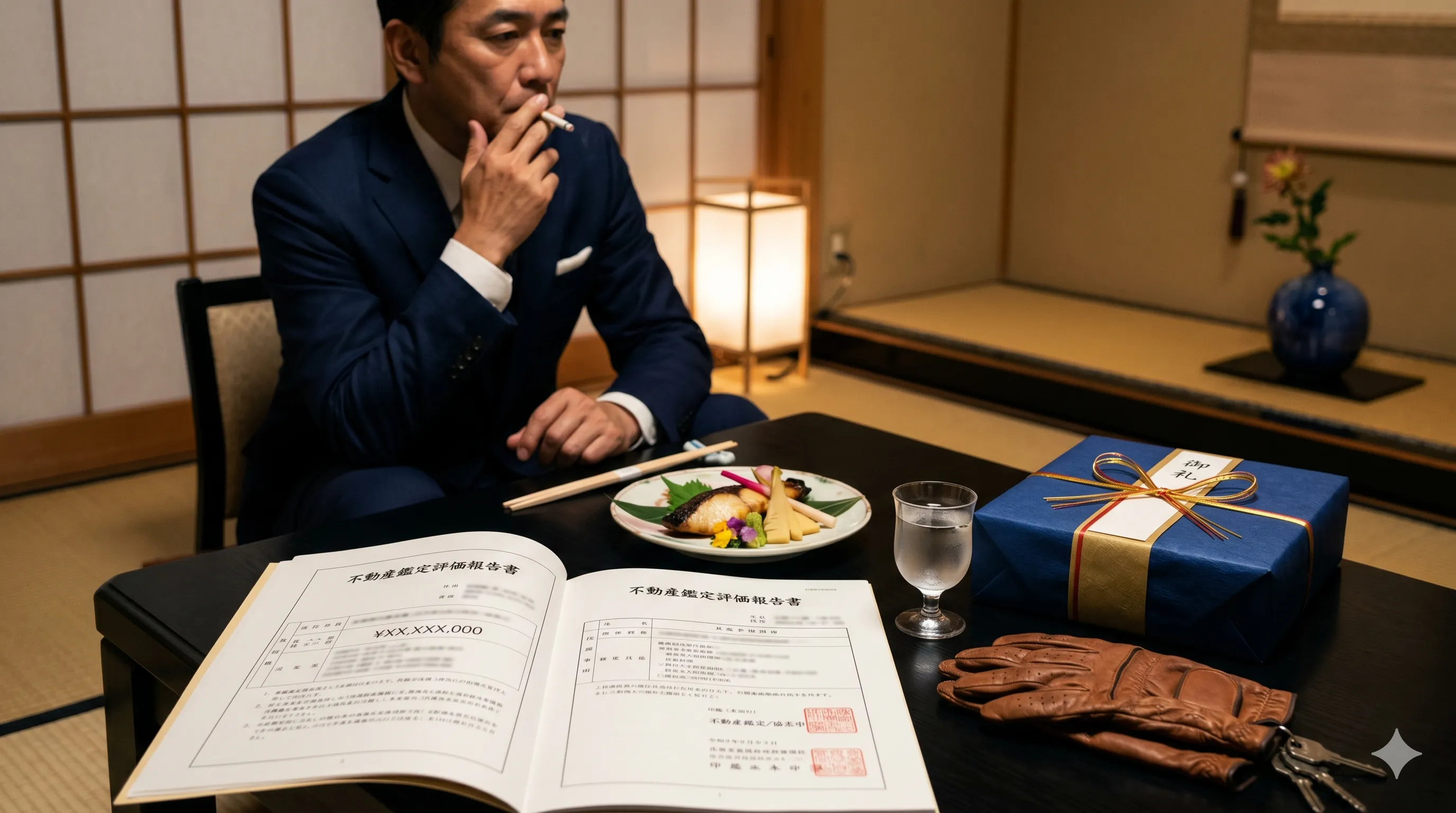 ゴルフ場で握手を交わすビジネスマンと、その手元に重ねられた低い査定書
