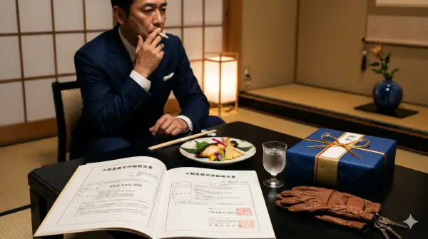 ゴルフ場で握手を交わすビジネスマンと、その手元に重ねられた低い査定書