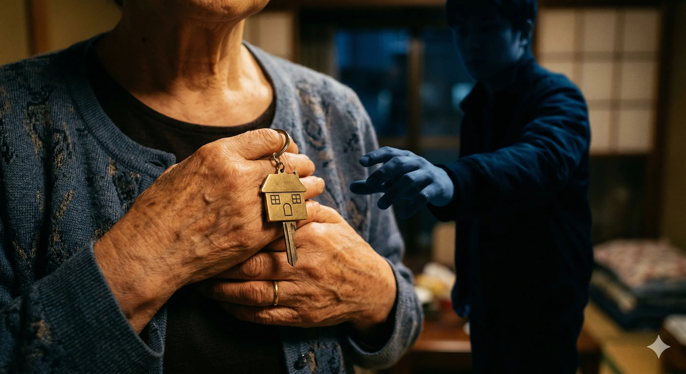 Elderly hands firmly gripping a house-shaped keychain against the chest, with a younger silhouette reaching from the shadows