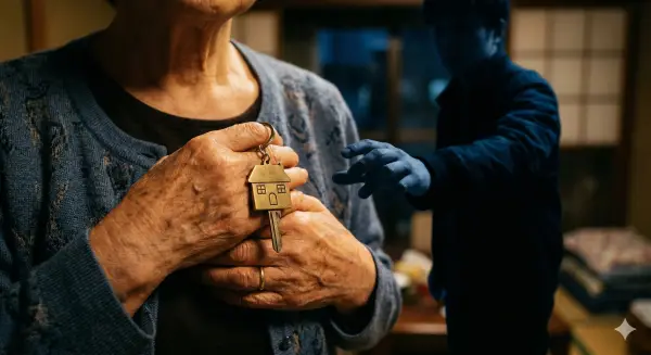 Elderly hands firmly gripping a house-shaped keychain against the chest, with a younger silhouette reaching from the shadows