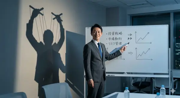 ホワイトボードの前で投資戦略を語るビジネスマン。その影は操り人形のように糸で操られている