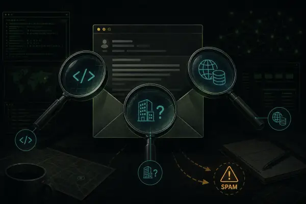 1通のメールをPunycode・WHOIS・社名照合の3つのレンズで解剖し、SEOスパム判定に至る分析フローの模式図